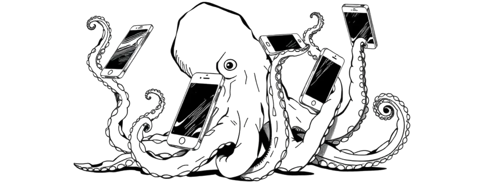 pulpo con celulares en los tentaculos para contacto web